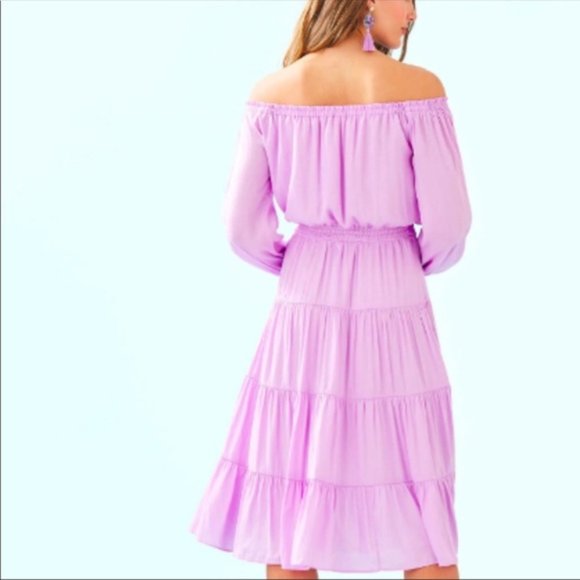 Lilly Pulitzer Jennie Midi Lilac Freesia Dress Purple Dot Dot Off the Shoulder S - Picture 9 of 16